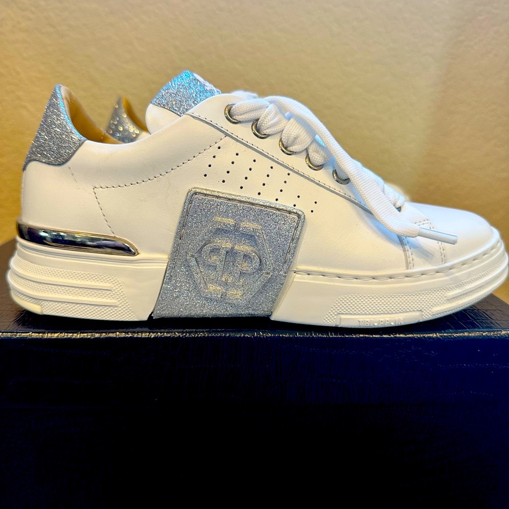 Phillip Plein Italian Sneakers-Glitter Lo Top Paisley White & Silver Size 36